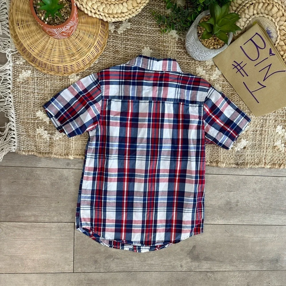 New Wrangler Boys Plaid Button Down Short Sleeve Shirt Size Small Red White Blue